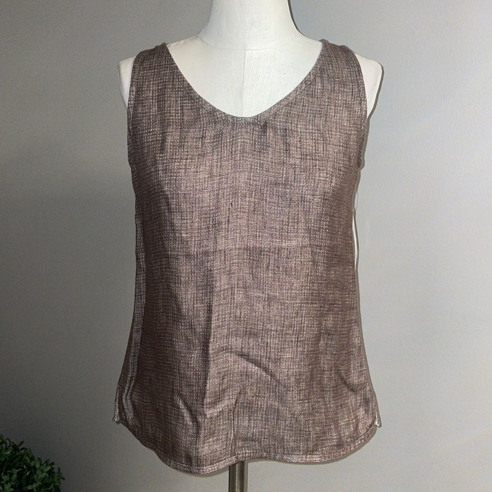 DANA BUCHMAN LINEN reversible V neck sleeveless top / tank color Teak/Sand XS